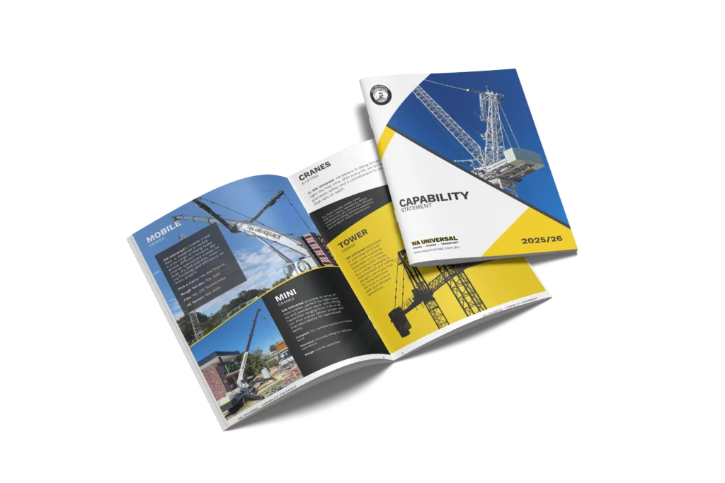A brochure with a cover labeled "CAPABILITY 2025/26" featuring a crane, and an open spread showing crane photos, descriptions, and sections titled "MOBILE," "MINI," and "TOWER," on a black background.