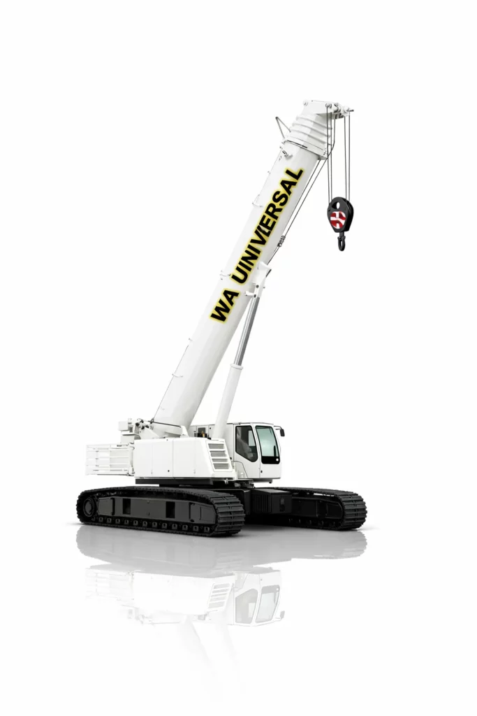 A large white crawler crane with black tracks and an extended boom labeled "WA UNIVERSAL," positioned on a reflective white surface.