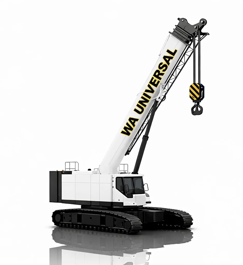 A white crawler crane with black tracks and a long boom arm labeled "WA UNIVERSAL" in bold black letters. The crane has a yellow and black striped hook suspended from the arm.