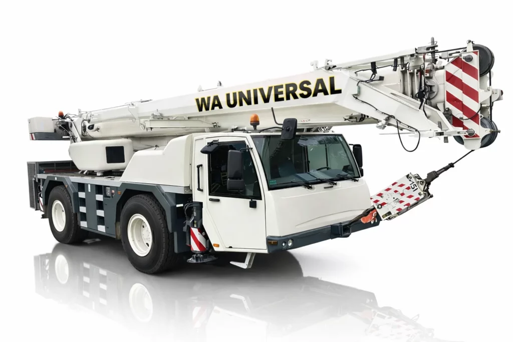 A large white mobile crane truck with "WA UNIVERSAL" written on its extended boom, isolated on a white background. The boom has red and white safety markings.