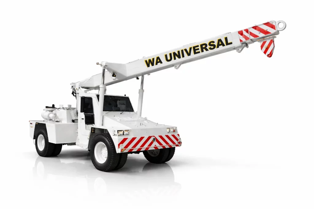 A white mobile crane with "WA UNIVERSAL" written on its extended boom, featuring red and white safety stripes on the front bumper and hook, isolated on a white background.