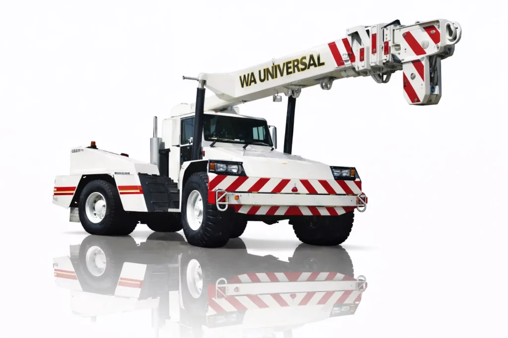 A white mobile crane with "WA UNIVERSAL" on its extended boom, featuring red and white diagonal safety stripes on the front and boom, against a white background with a reflective surface.