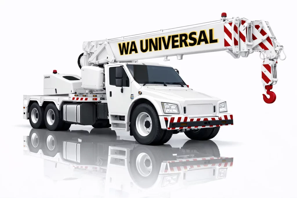 A white mobile crane truck with "WA UNIVERSAL" written on the extended boom, red and white safety markings, and a large red hook, reflecting on a white surface.