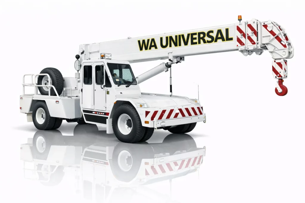 A white mobile crane truck with "WA UNIVERSAL" printed on the extended boom and red warning stripes on the body, isolated on a white background with a reflection beneath.
