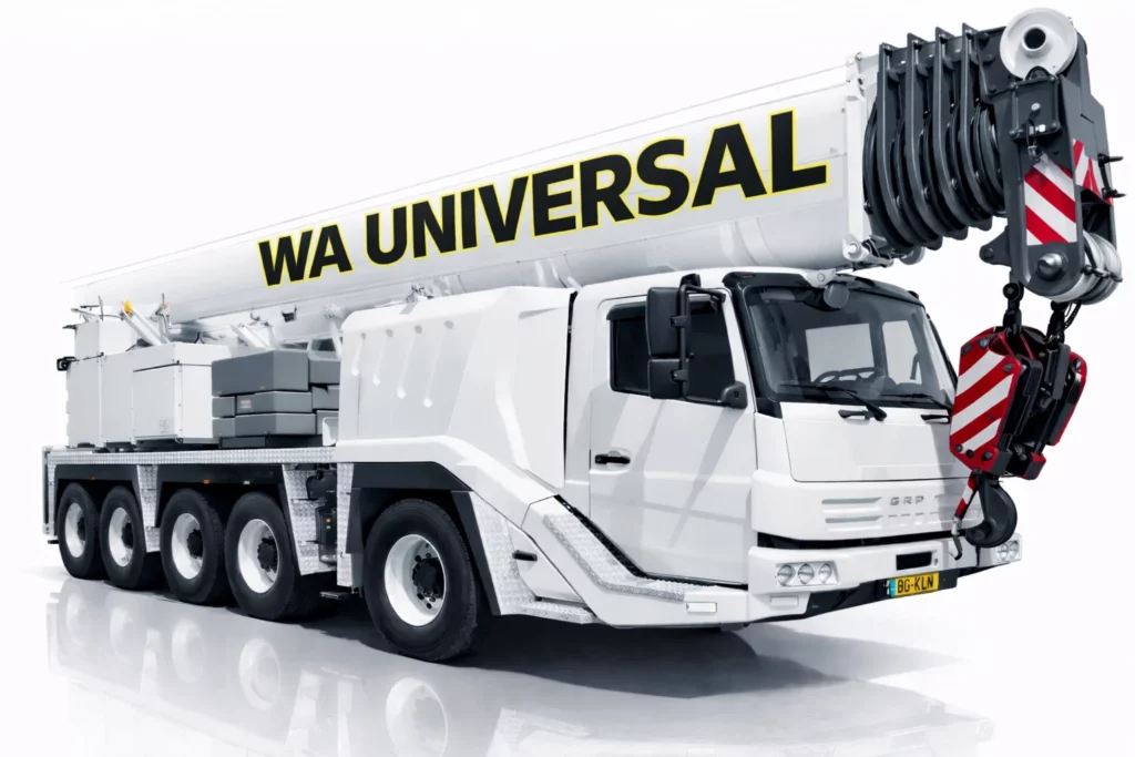 A large white mobile crane truck with "WA UNIVERSAL" written in bold yellow letters on its crane arm, featuring multiple wheels and a red-and-white striped hook at the front.
