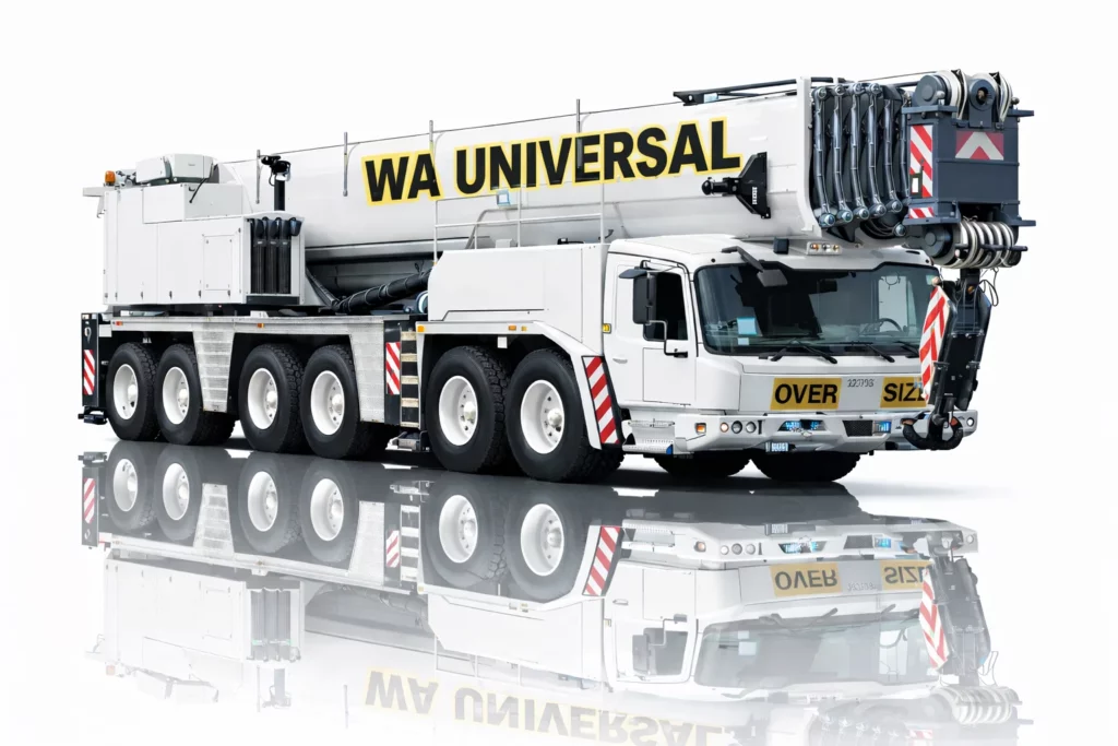 A white multi-axle mobile crane truck with "WA UNIVERSAL" written on the boom and "OVER SIZE" signs on the front, reflected on a shiny surface, isolated on a white background.