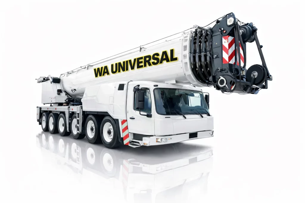 A large white mobile crane truck with "WA UNIVERSAL" written in bold yellow letters on its extended boom, shown against a plain white background.