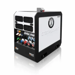 A compact, industrial power generator with various colored plugs and sockets on the front panel, featuring the logo and name "cranepower" on the white side.