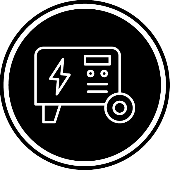 A black circular icon with a white outline of a portable generator, featuring a lightning bolt symbol and control panel details on its front.