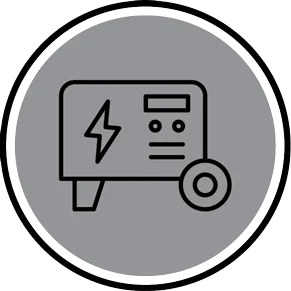 Black outline icon of a portable electric generator with a lightning bolt symbol, set against a gray circular background.