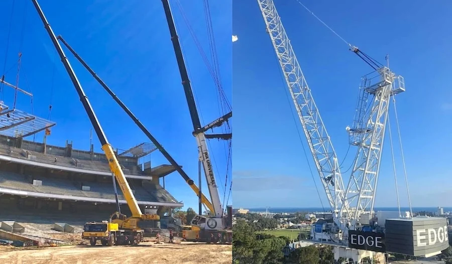Two images side by side show large cranes at work: the left crane lifts a roof panel at a stadium construction site, while the right crane operates next to a black building labeled "EDGE" with a clear blue sky behind.